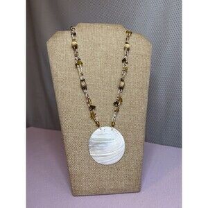 Vintage Boho Mother of Pearl Shell Pendant Necklace Multi-Strand Seed Bead